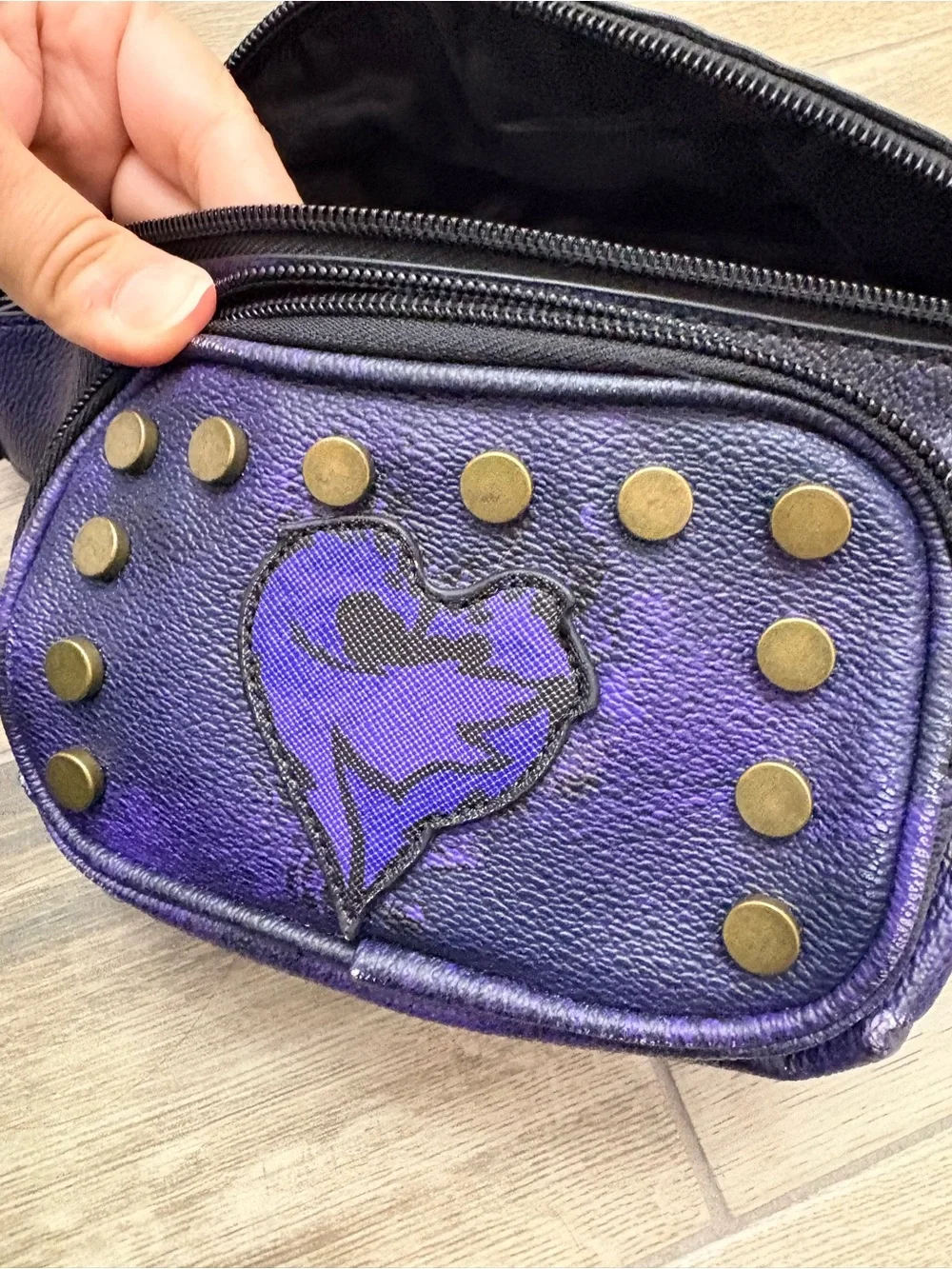 Disney Descendants Fanny pack faux leather brushed gold tone studs 2 pockets